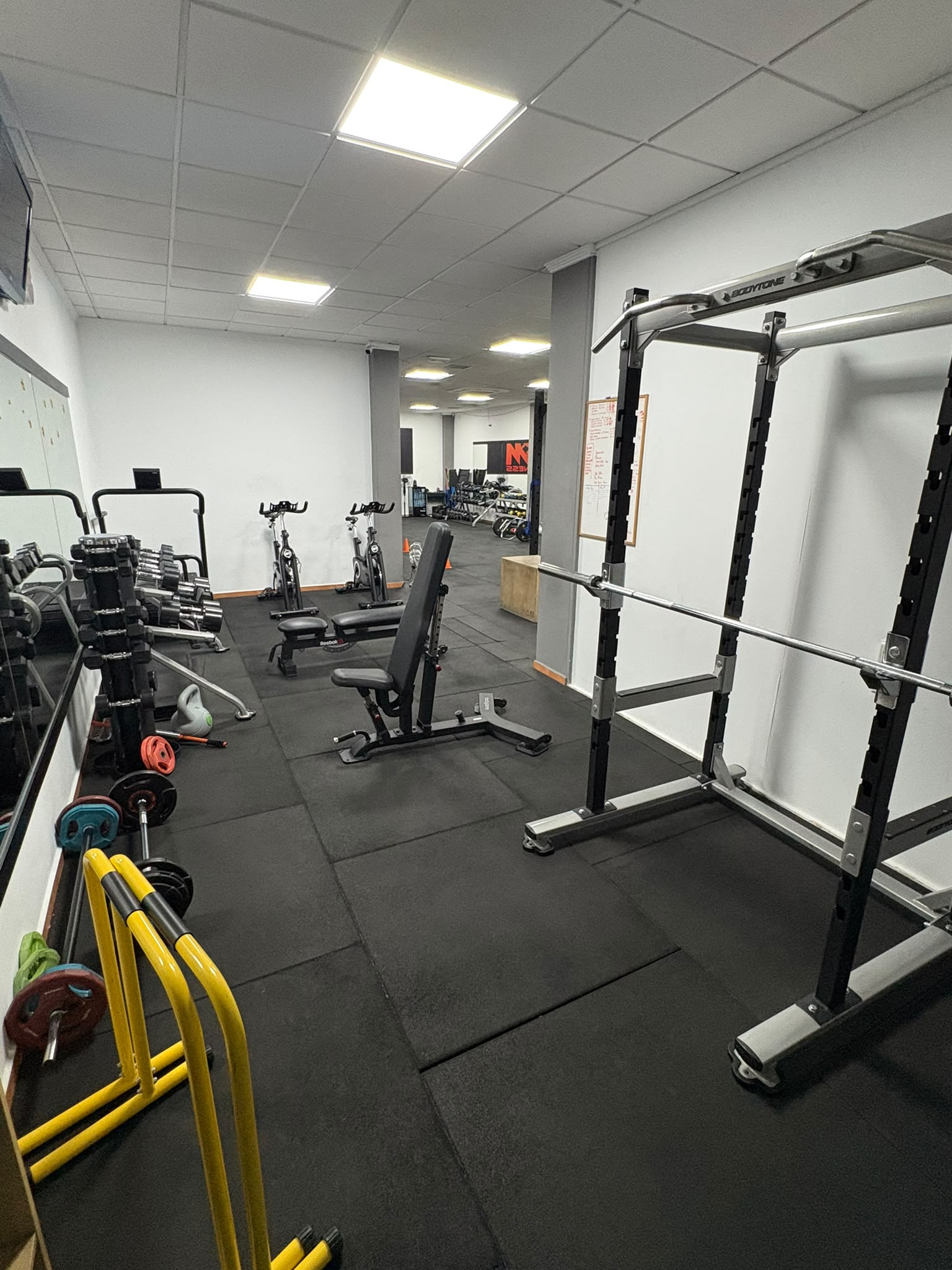 Zona de musculación con rack, mancuernas y bancos ajustables